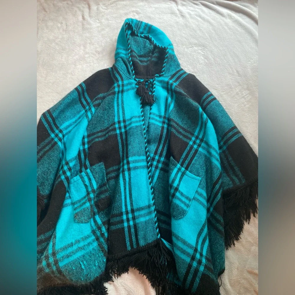 One Size Teal And Black Hooded Poncho